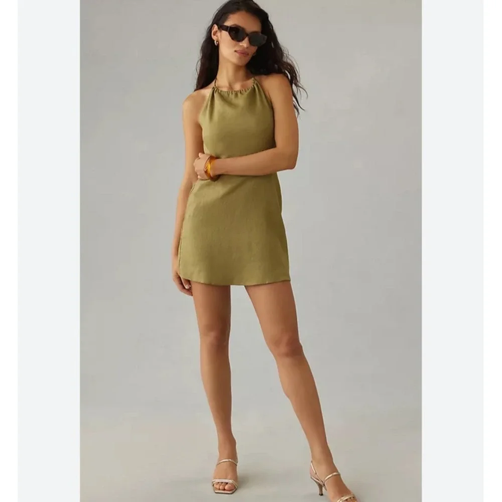 Reformation Dress Womens 6 Green Mini Sundress Halter Linen Lined Open Back‎ Tie
